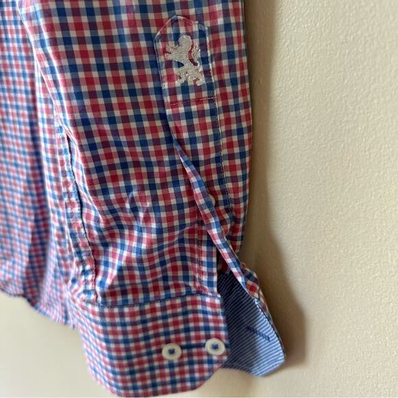 Bugatchi Uomo Plaid Button Down Flip Cuff Micro Check Red White Blue 15 1/2 Med - Picture 6 of 10